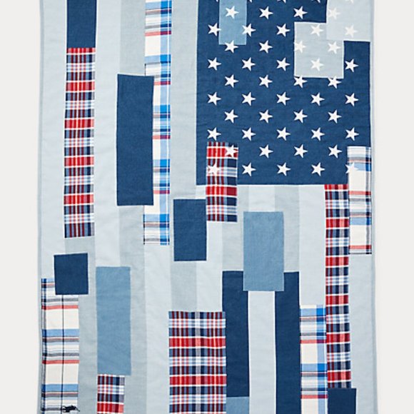 Polo Ralph Lauren Ramsey Patchwork Flag 100% Cotton Denim Blue Throw Blanket - Picture 9 of 11
